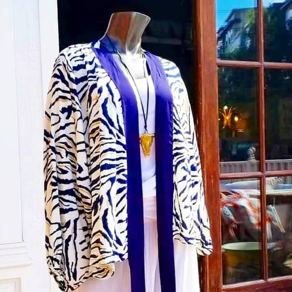 Blue & White Zebra Print Kimono w/Elastic Sleeves - No Reorders. Limited.